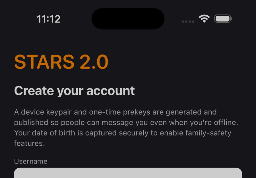 Stars 2.0 account creation — keys generated on device